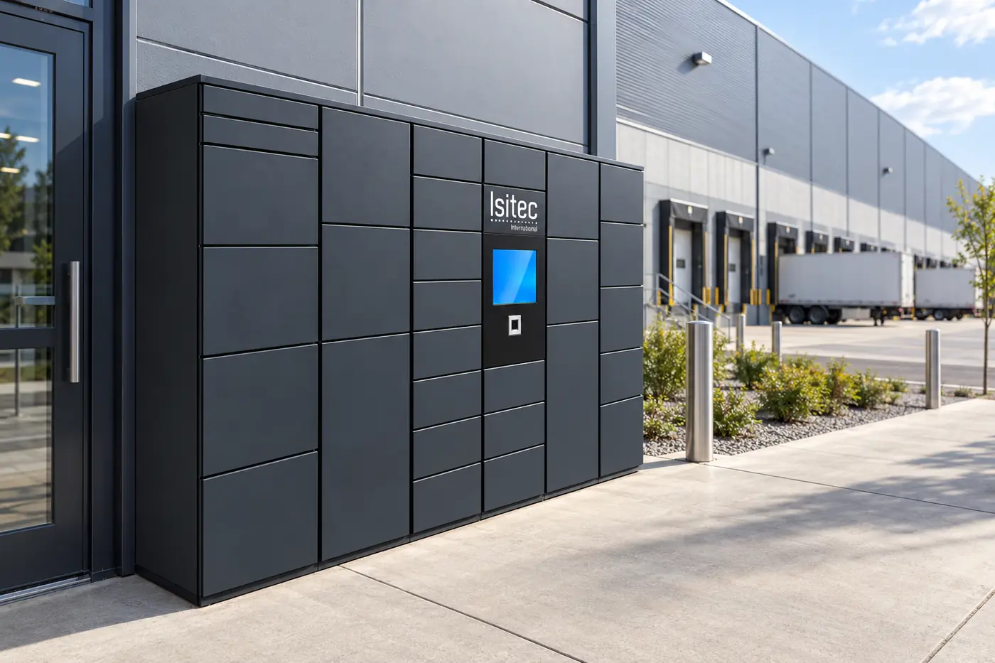 ISILOCKER écran tactile Isitec installé en extérieur, devant les quais d'une plateforme logistique