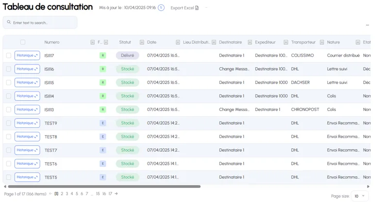ISITRAC 360 interface: consultation table of parcels deposited in the smart locker