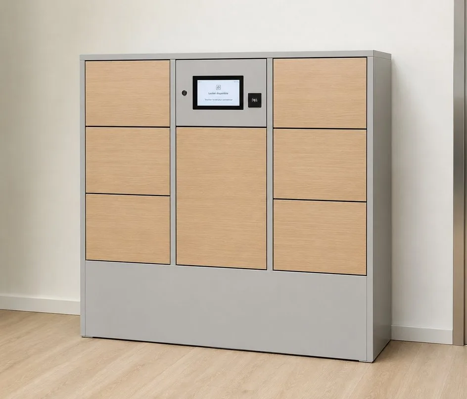 Locker bois sur mesure avec tablette tactile et lecteur de badge, décor chêne clair et structure grise