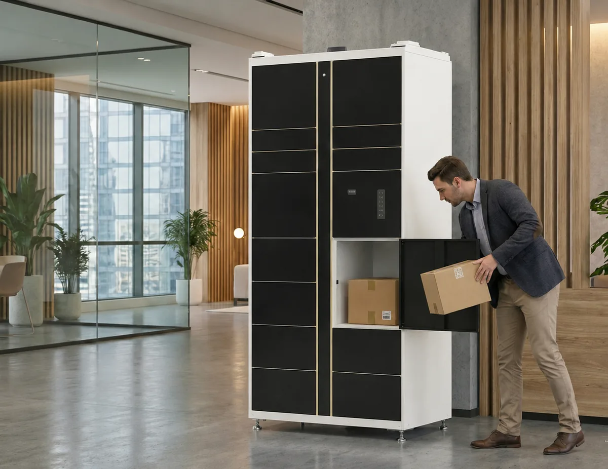 Locker Lite IsiLocker in use: collecting a parcel from a smart locker with custom black wrap